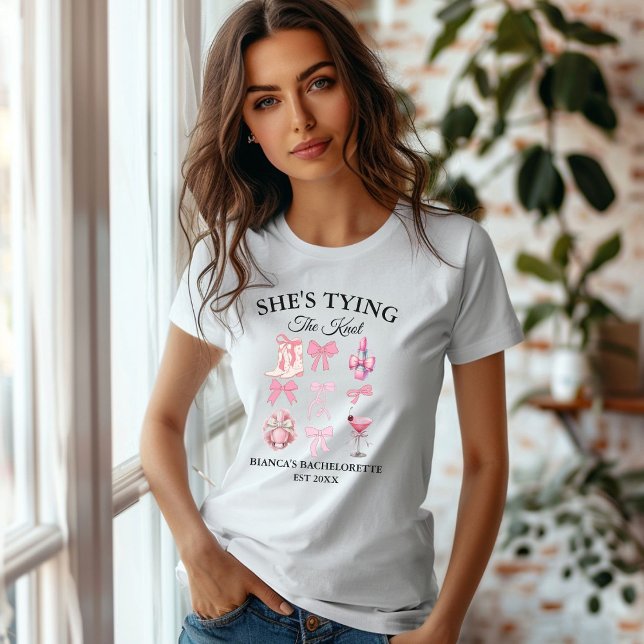 She's tying the knot pink bow Bachelorette party C T-Shirt (Creator Uploaded)