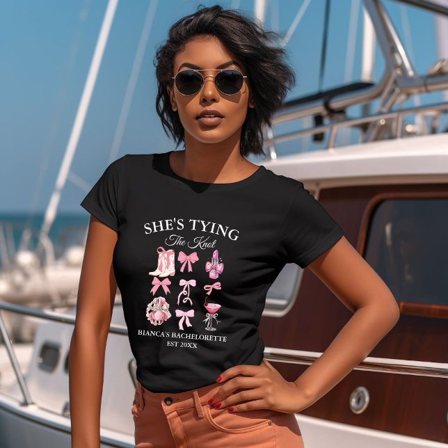 She's tying the knot pink bow Bachelorette party C T-Shirt (Creator Uploaded)