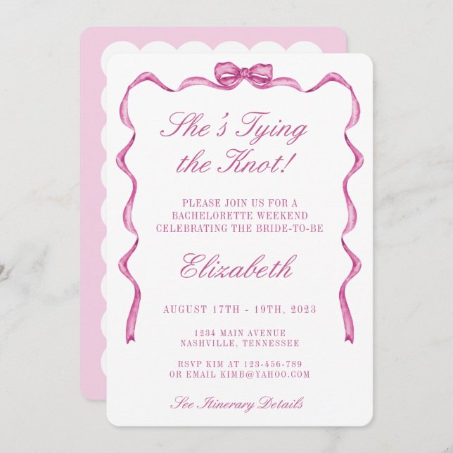 She's Tying the Knot Pink Bow Bachelorette Party Invitation (Front/Back)