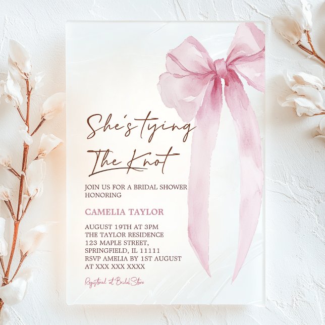 She's Tying The Knot Pink Bow Bridal Shower Acrylic Invitations (Creator Uploaded)