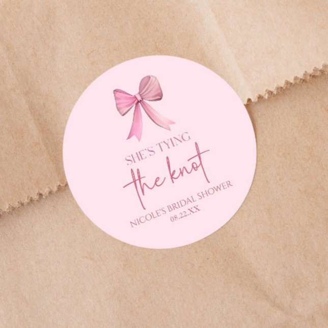 She's Tying The Knot Pink Bow Bridal Shower Classic Round Sticker (Creator Uploaded)