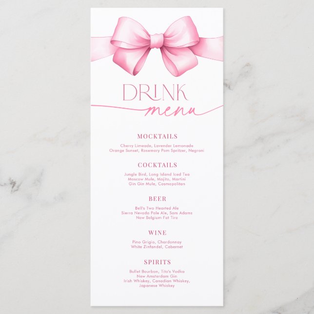 She's Tying the Knot Pink Bow Bridal Shower Drink  Menu (Front)