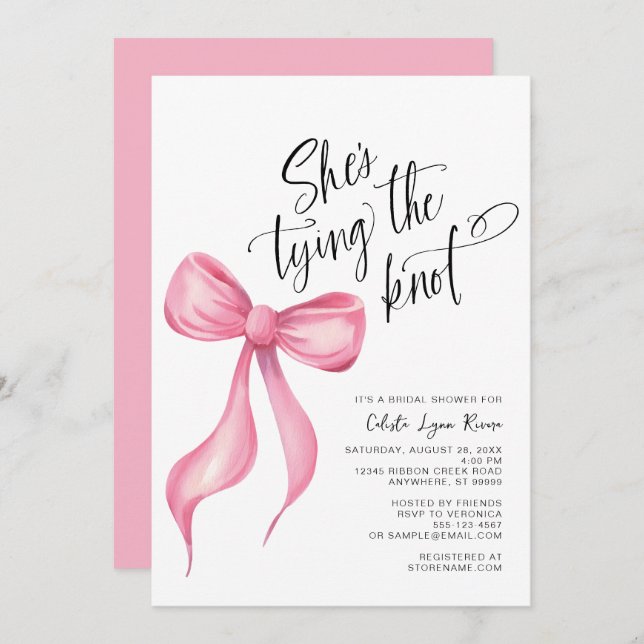 She's Tying the Knot Pink Bow Bridal Shower Invitation (Front/Back)