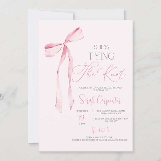 She's Tying the Knot Pink Bow Bridal Shower Invitation (Front)