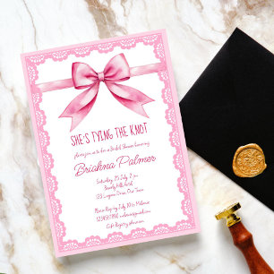 She's tying the knot pink bow bridal shower invitation