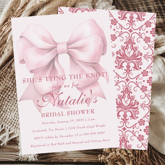 She's Tying The Knot Pink Bow Bridal Shower Invitation (Creator Uploaded)