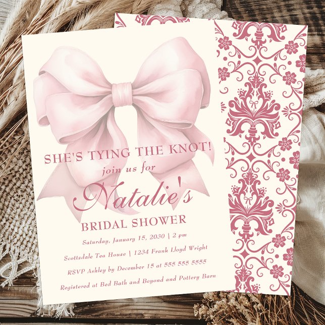 She's Tying The Knot Pink Bow Bridal Shower Invitation (Creator Uploaded)