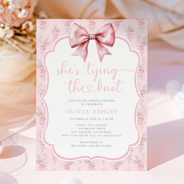 She's Tying the Knot Pink Bow Bridal Shower Invitation (Creator Uploaded)