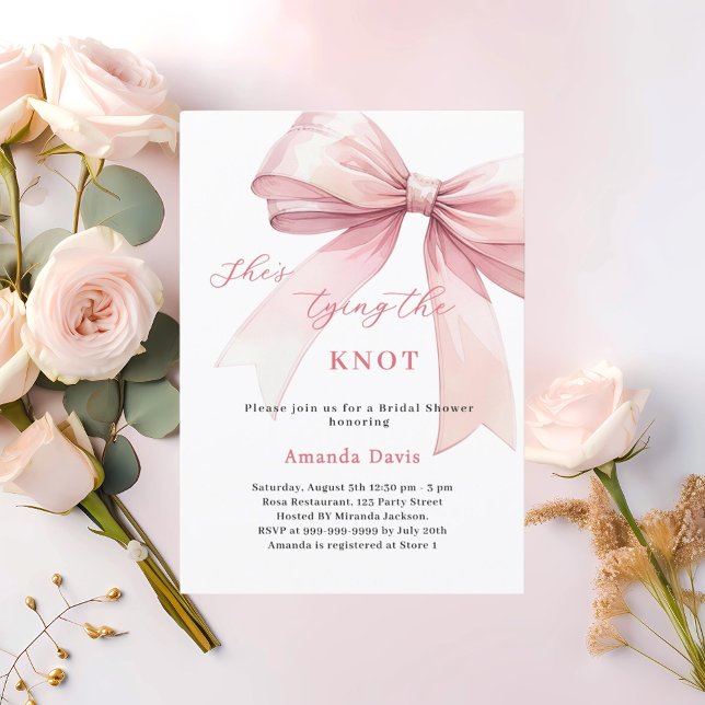 She's tying the knot pink bow Bridal Shower Invitation (Creator Uploaded)