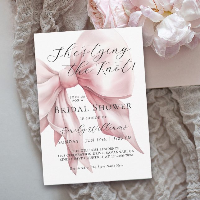 She's Tying the Knot Pink Bow Bridal Shower Invitation (Available in both printed and instant download digital formats.)