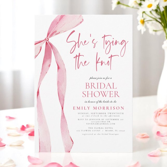 She's Tying the Knot Pink Bow Bridal Shower Invitation (Creator Uploaded)