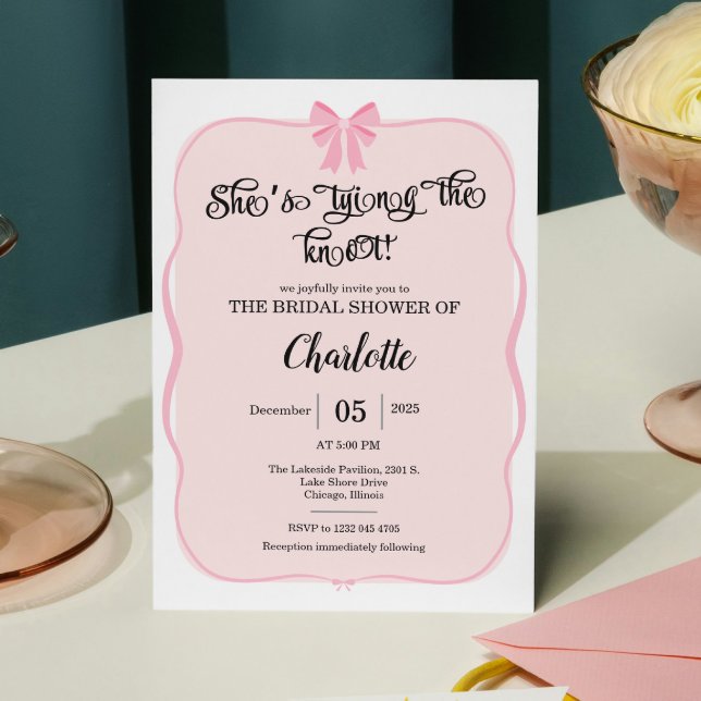 she's tying the knot pink Bow bridal shower  Invitation (She’s Tying the Knot Bridal Shower)