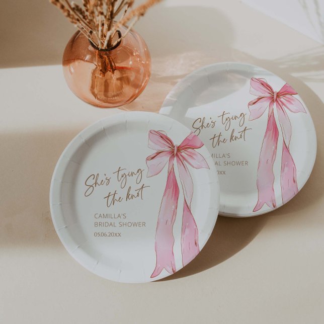 She's Tying the Knot Pink Bow Bridal Shower  Paper Plate (Creator Uploaded)