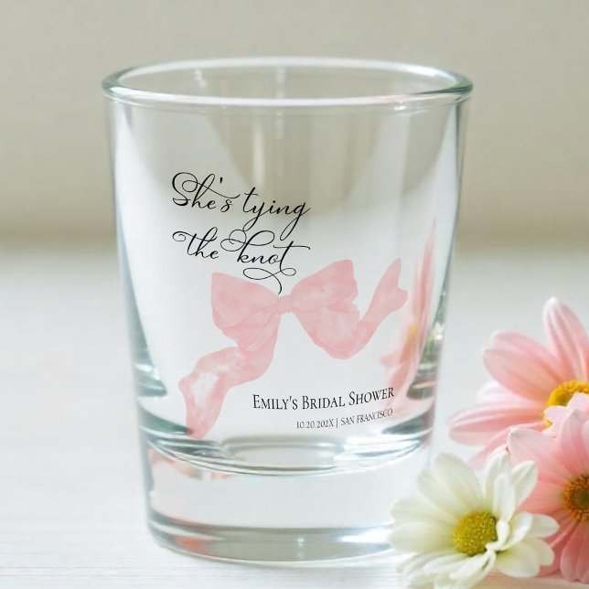 She's tying the knot | Pink Bow Bridal Shower Shot Glass (Creator Uploaded)
