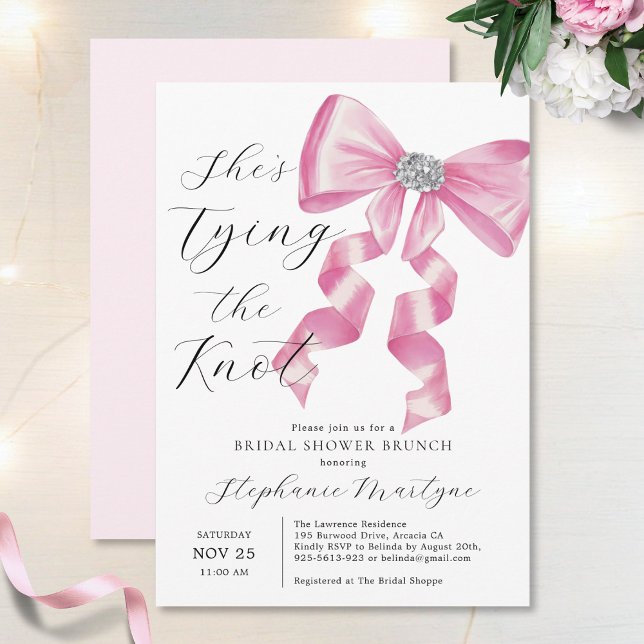 She's Tying The Knot Pink Bow Brunch Bridal Shower Invitation (Creator Uploaded)