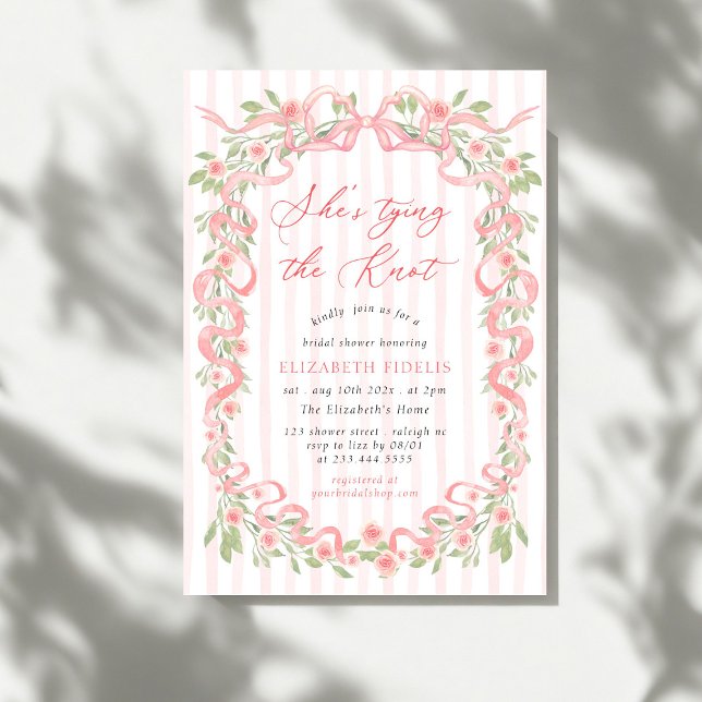 She's Tying the Knot Pink Bow Floral Bridal Shower Invitation (Creator Uploaded)