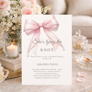 She's tying the knot pink bow pearls Bridal Shower Invitation