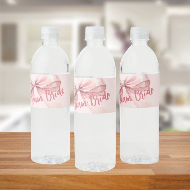 She's tying the knot pink bow Team Bride Water Bottle Label (Creator Uploaded)