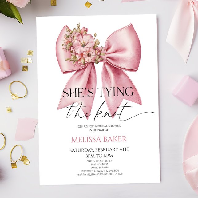 She's Tying The Knot Pink Floral Bow Bridal Shower Invitation (Creator Uploaded)