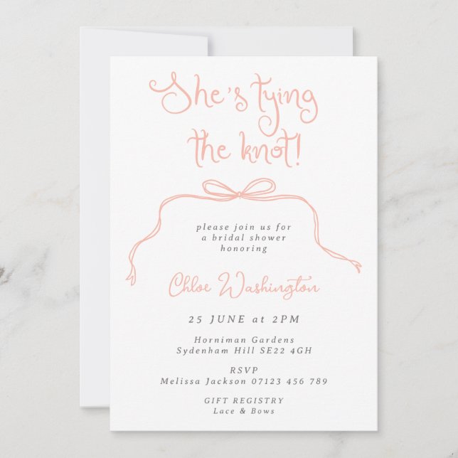 She's Tying the Knot Pink Fun Bow Bridal Shower Invitation (Front)