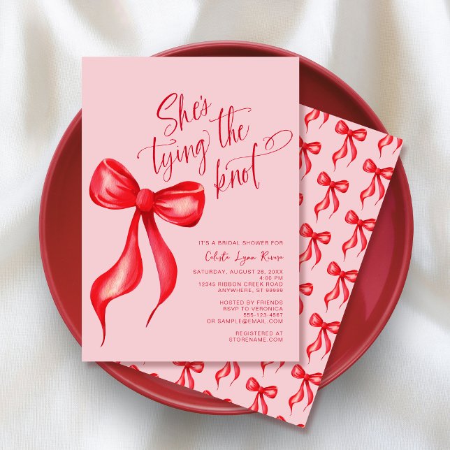 She's Tying the Knot Pink Red Bow Bridal Shower Invitation (Shown on a 5" x 7" invitation)