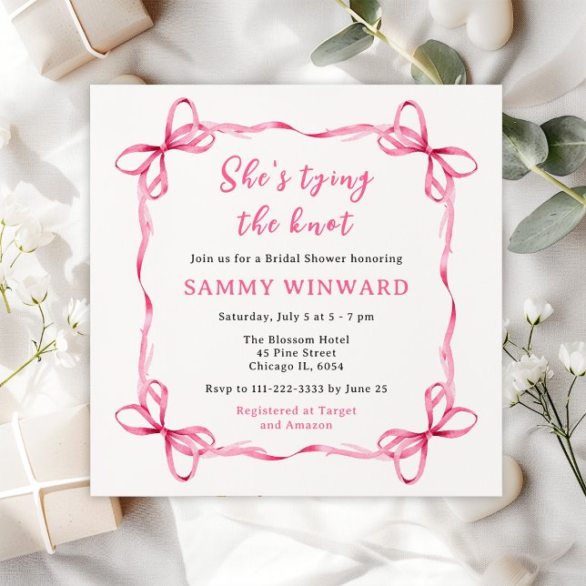 She's Tying The Knot Pink Ribbon Bridal Shower Invitation (Creator Uploaded)