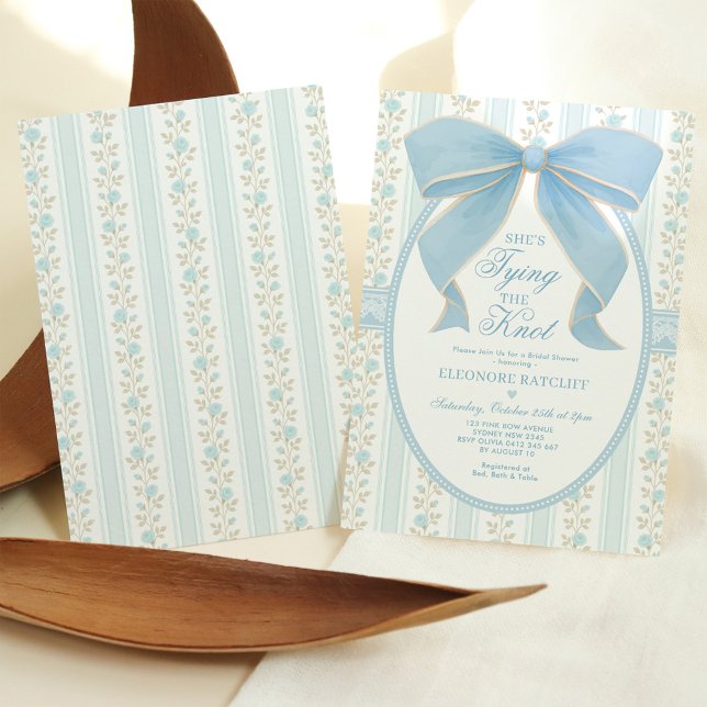 She's Tying the Knot Powder Blue Bow Bridal Shower Invitation (Creator Uploaded)