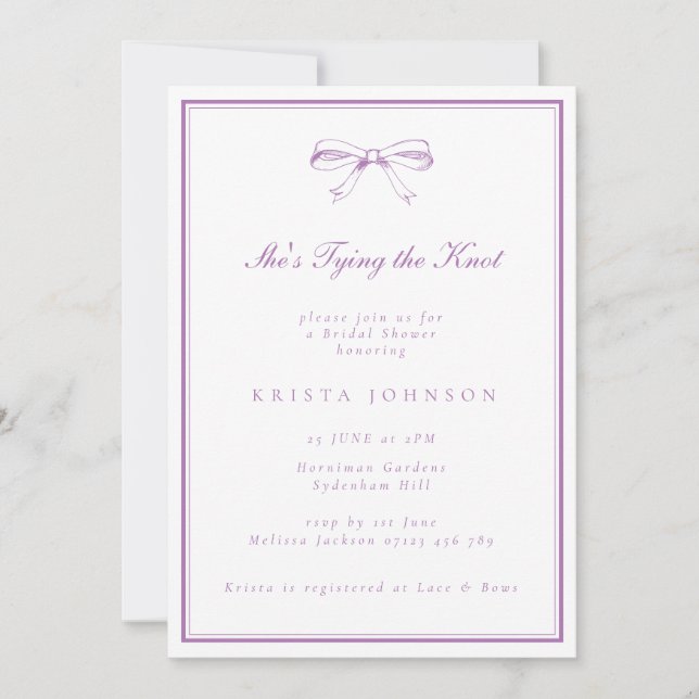 She's Tying the Knot Purple Bow Bridal Shower Invitation (Front)