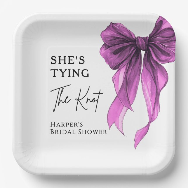 She's Tying The Knot Purple Bow Bridal Shower Paper Plate (Front)