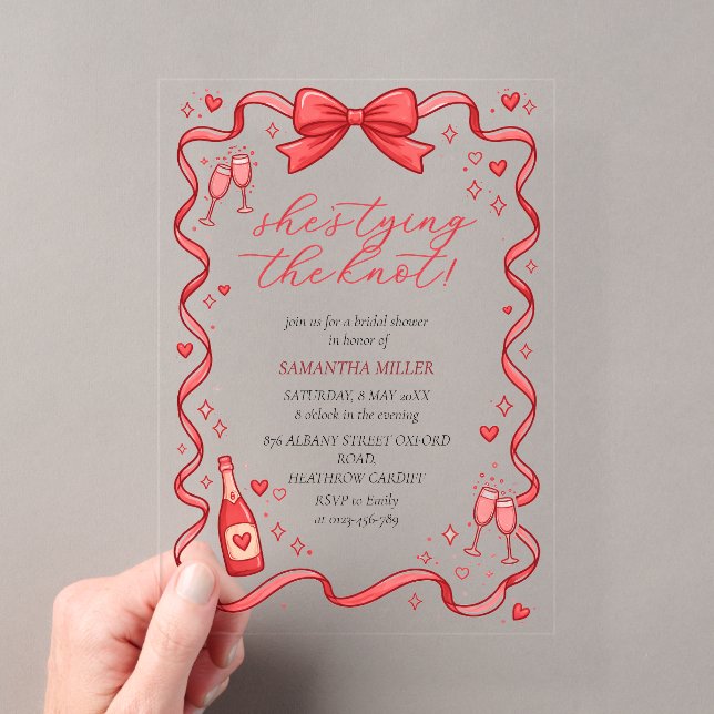 She's Tying The Knot Red Bow Bridal Shower  Acrylic Invitations (Insitu (Handheld))