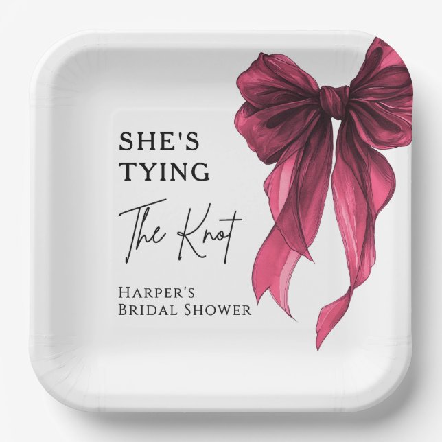 She's Tying The Knot Red Bow Bridal Shower Paper Plate (Front)