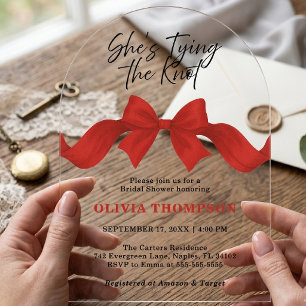 She's Tying the Knot Red Bow Photo Bridal Shower Acrylic Invitations