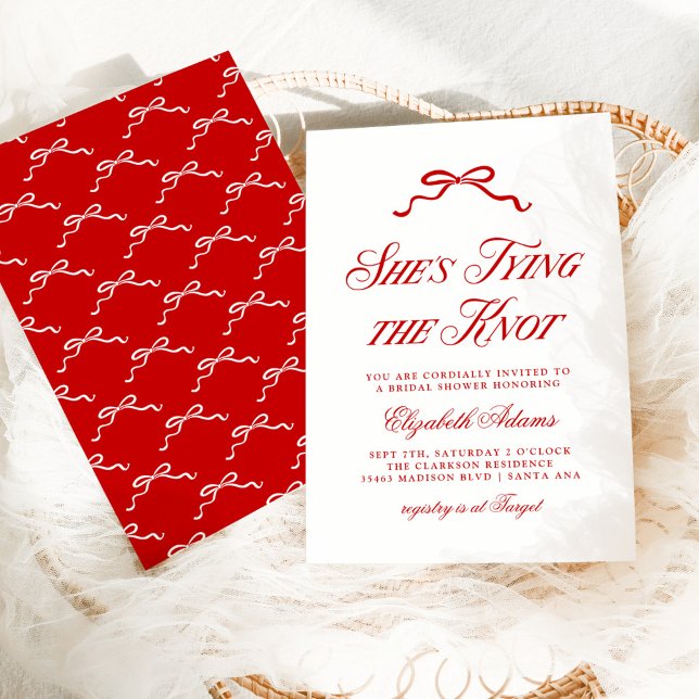 She's Tying The Knot Red Elegant Bow Bridal Shower Invitation (Creator Uploaded)