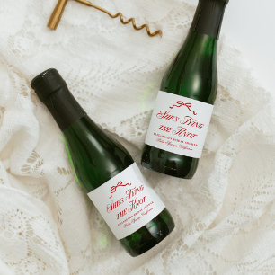 She's Tying The Knot Red Elegant Hand Drawn Bow Sparkling Wine Label