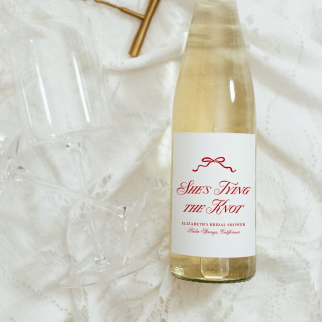 She's Tying The Knot Red Elegant Hand Drawn Bow Wine Label (Creator Uploaded)