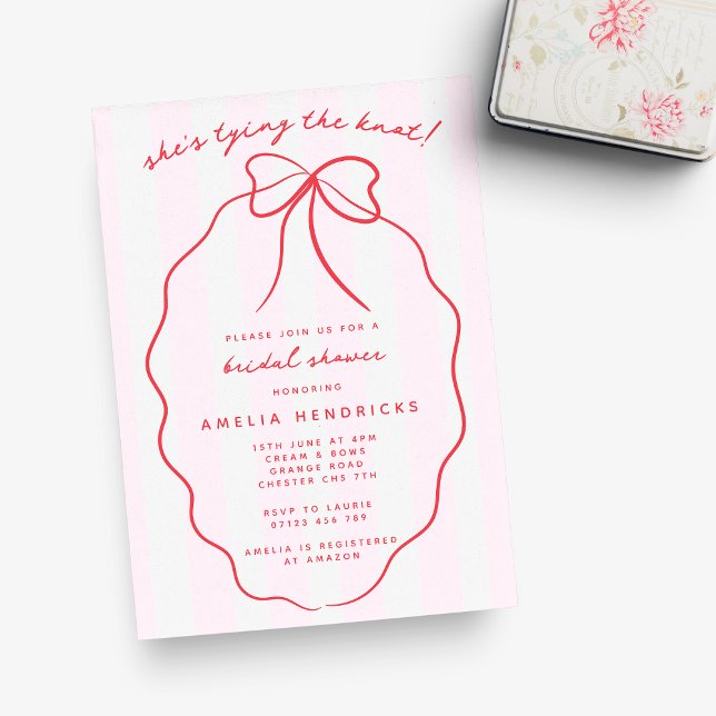She's Tying the Knot Red & Pink Bow Bridal Shower Invitation (Creator Uploaded)
