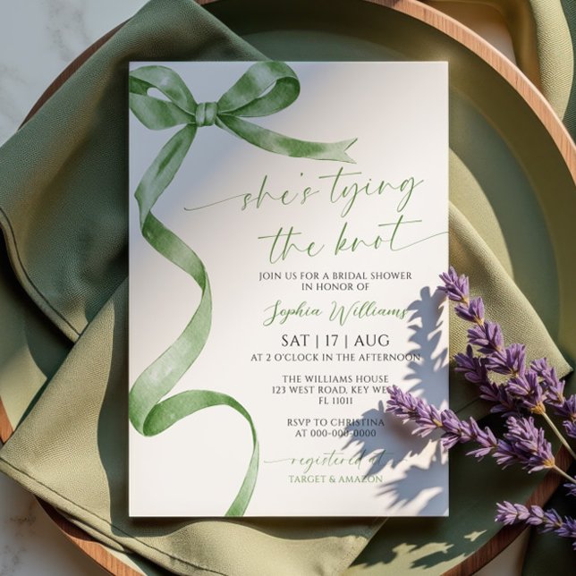 She's Tying the Knot Sage Green Bow Bridal Shower Invitation (Creator Uploaded)