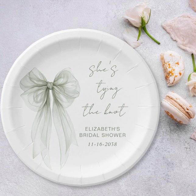 She's Tying The Knot Sage Green Bow Bridal Shower Paper Plate (She's Tying The Knot Sage Green Bow Bridal Shower Paper Plates)