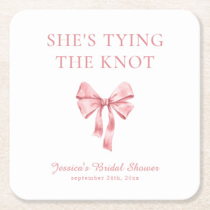 She's Tying the Knot Soft Pink Coquette Shower Square Paper Coaster