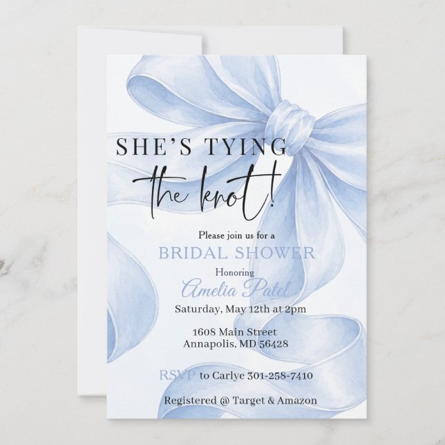 She's tying the knot, something blue, blue bow invitation (Front)