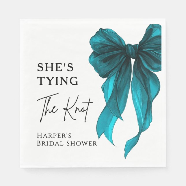 She's Tying The Knot Turquoise Bow Bridal Shower Napkin (Front)