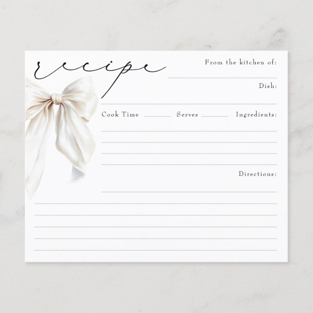 She's Tying the Knot White Bow Bridal Recipe Card (Front)