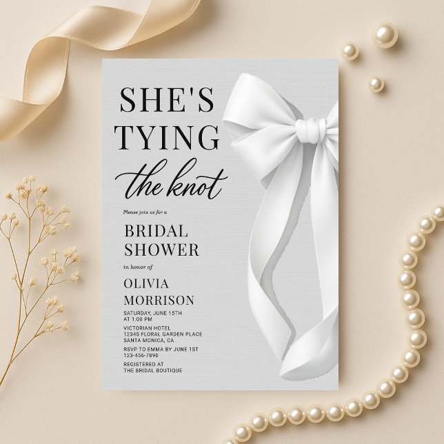 She's Tying The Knot White Bow Bridal Shower Invitation (Creator Uploaded)