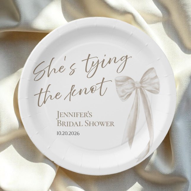 She's Tying the Knot White Bow Bridal Shower Pape Paper Plate (Creator Uploaded)