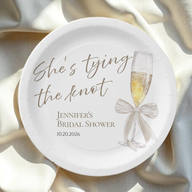 She's Tying the Knot | White Bow Bridal Shower Paper Plate (Creator Uploaded)