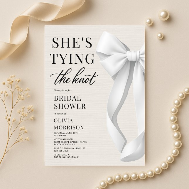 She's Tying The Knot White Ivory Bow Bridal Shower Invitation (Creator Uploaded)