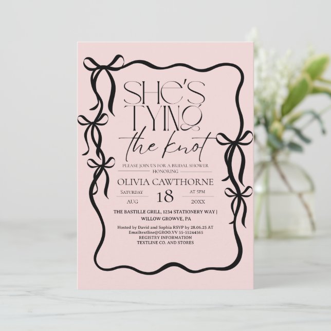 She's tying the know Bow Bridal Shower Invitation (Standing Front)
