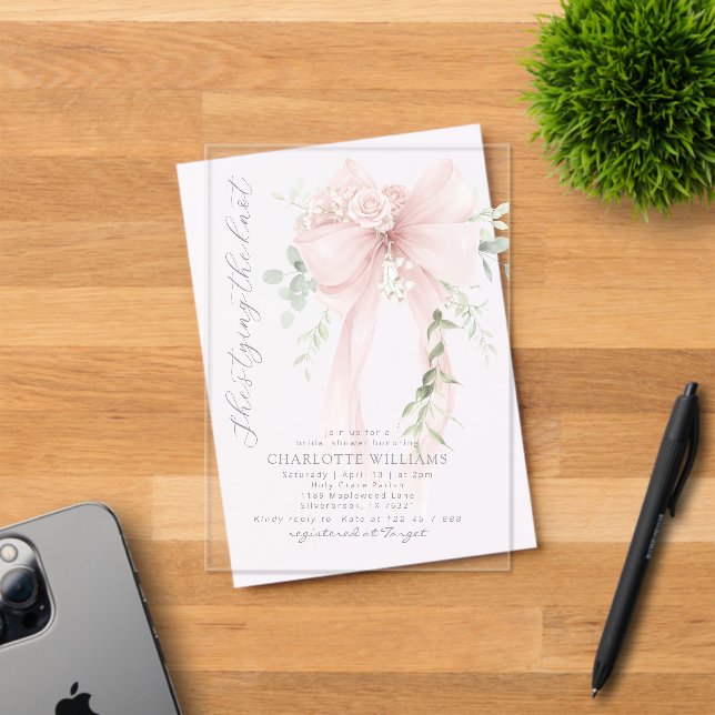 She's tying the know Whimsical Bow bridal shower Acrylic Invitations (Insitu (Invitation Card))