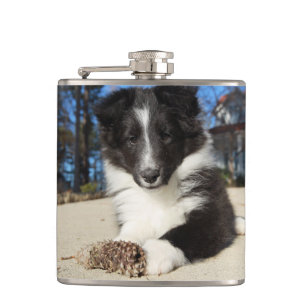 shet shp black and white puppy hip flask
