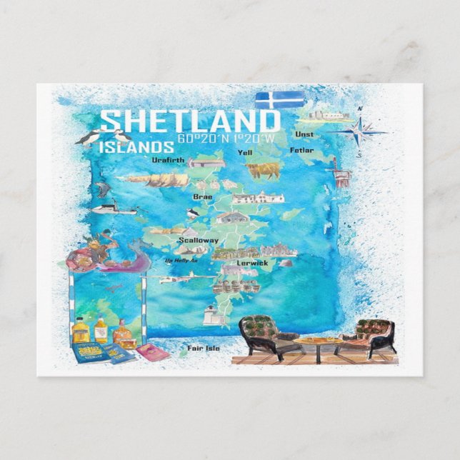 Shetland Islands Illustrated Travel Map  Postcard (Front)